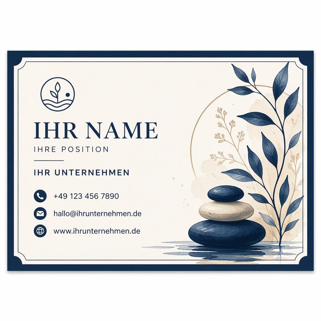 Illustrierte Wellness-Visitenkarte in Navy und Creme, Vorderseite mit Platzhaltern für Name, Rolle und Kontaktdaten.