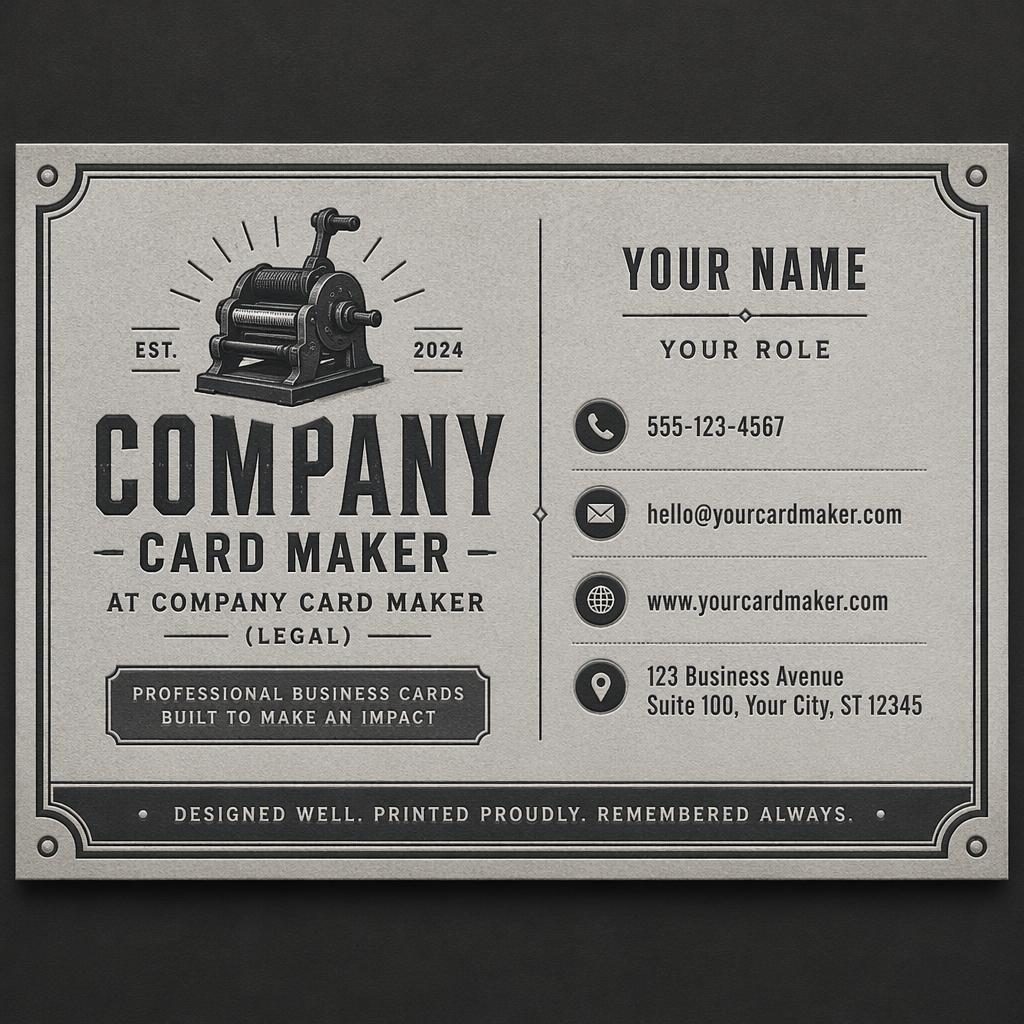 Front-facing vintage letterpress business card mockup in industrial gray with sharp placeholder contact details and clean spacing.
