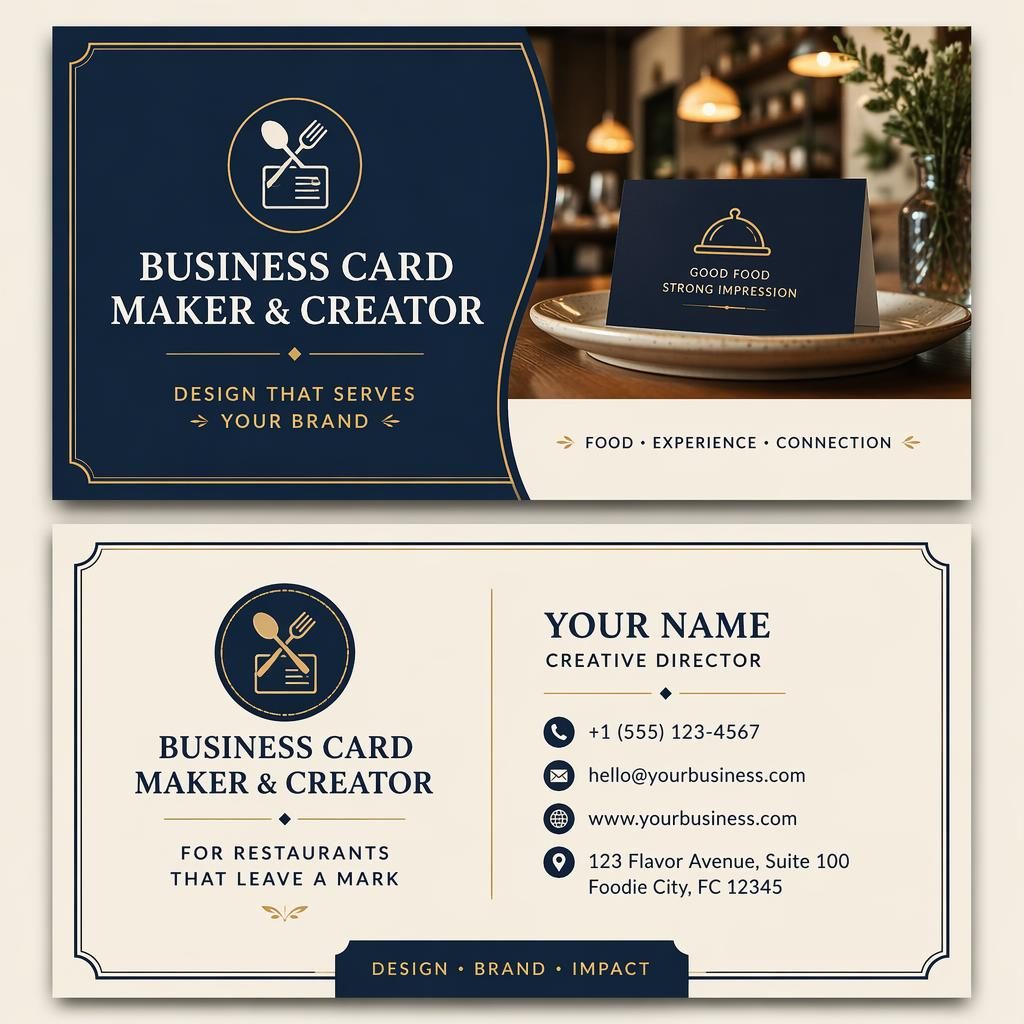 Front and back restaurant business card design stacked in navy and cream with clean placeholder contact details.