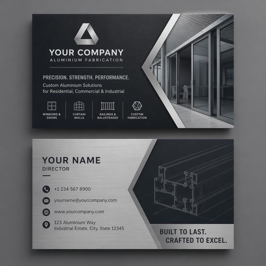 Front and back business card mockup for aluminium fabrication in an industrial gray palette with sharp placeholder contact details.