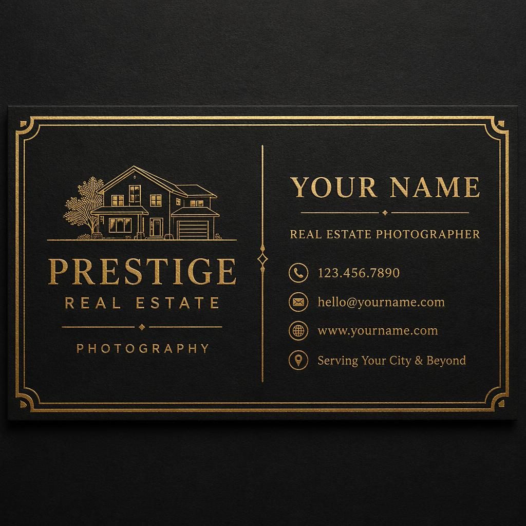 Front render of a vintage letterpress real estate business card design in black and gold with clean placeholder contact details.