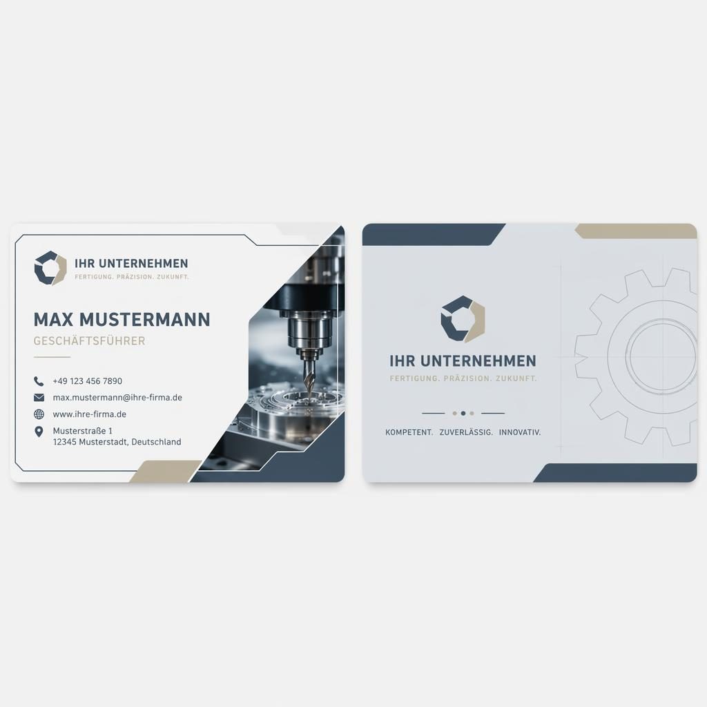 Druckreifes Visitenkartendesign mit Vorder- und Rückseite nebeneinander, industrieller Stil, Pastellfarben, klare Typografie