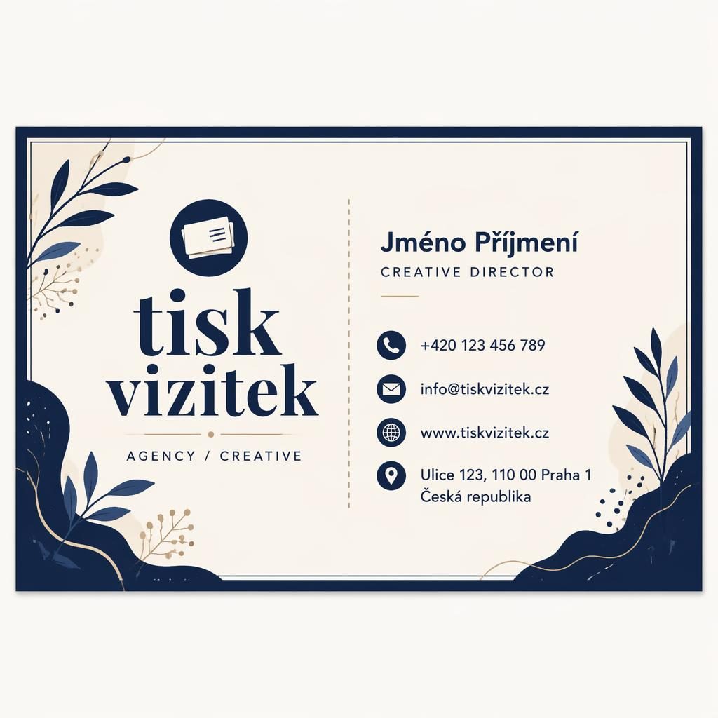 Ilustrovaný přední návrh vizitky v námořnické modré a krémové s čistou typografií a kontaktními údaji.