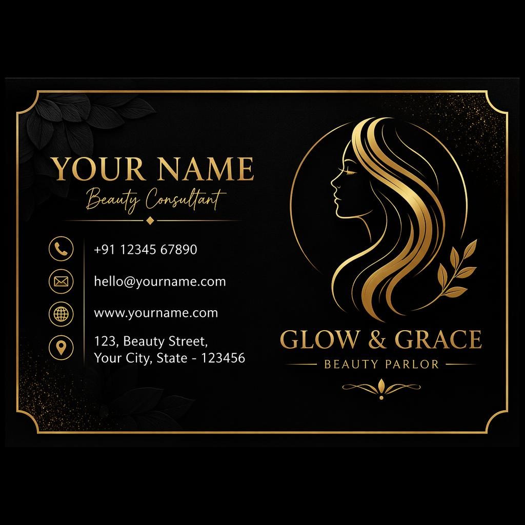 Front view of a luxury black and gold beauty parlor visiting card design with sharp placeholder contact details.