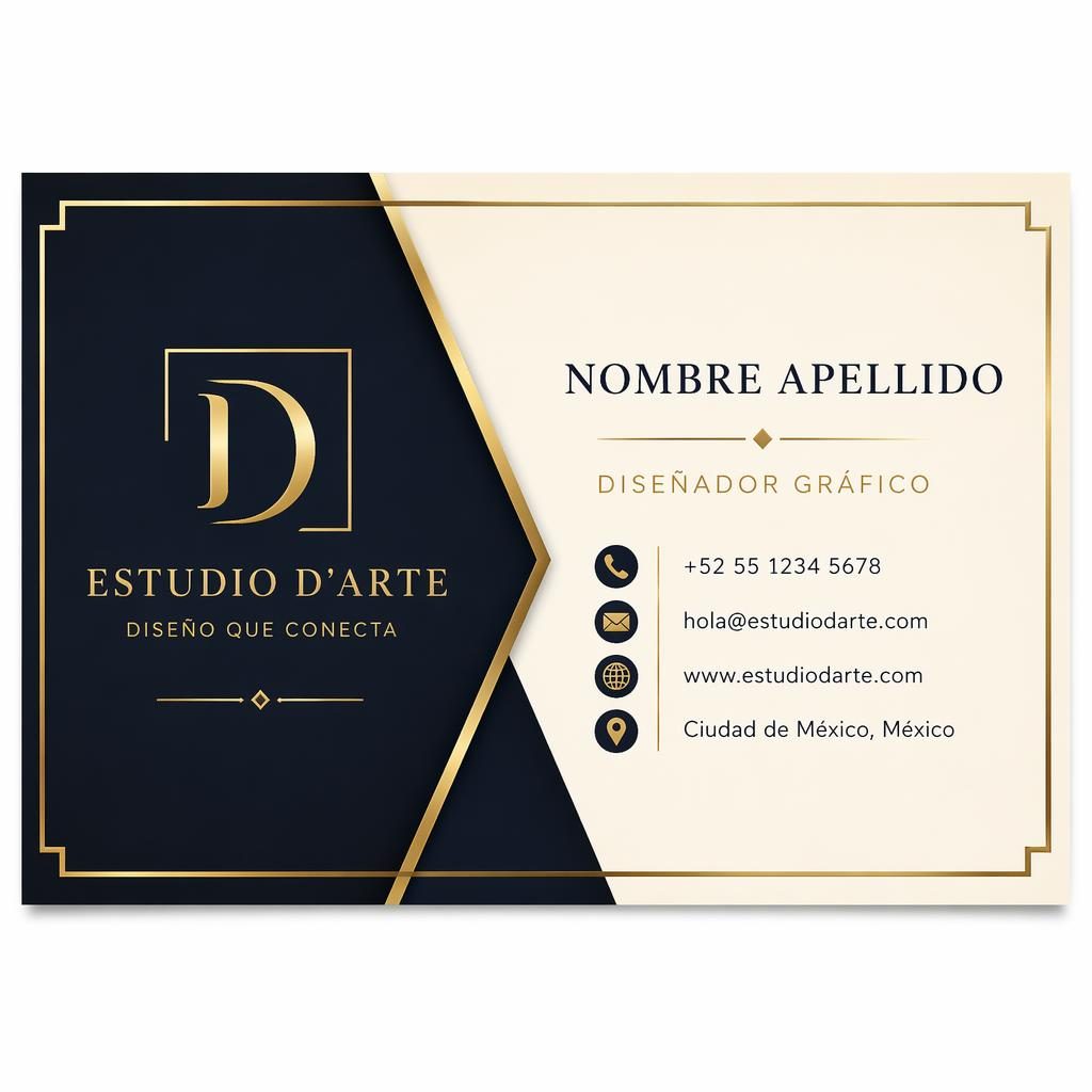 Diseño de tarjeta de presentación frontal en negro y dorado con acentos azul marino y crema, tipografía limpia.