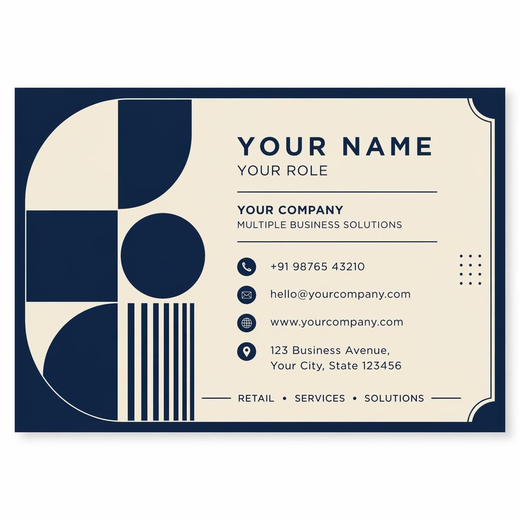 Back render of a Bauhaus business card in navy and cream with sharp placeholder contact details and clean balanced layout.
