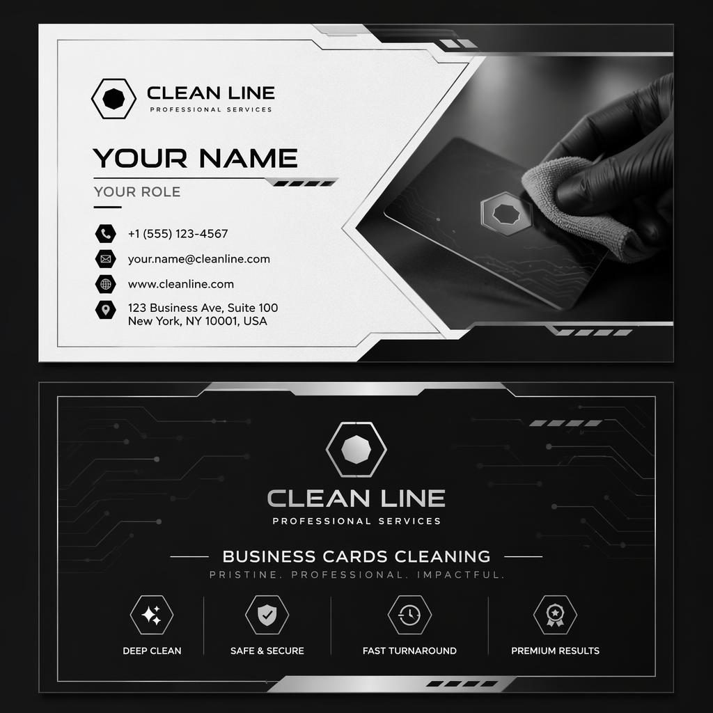 Front and back business card mockup for a cleaning service in a monochrome futuristic style with sharp placeholder text.
