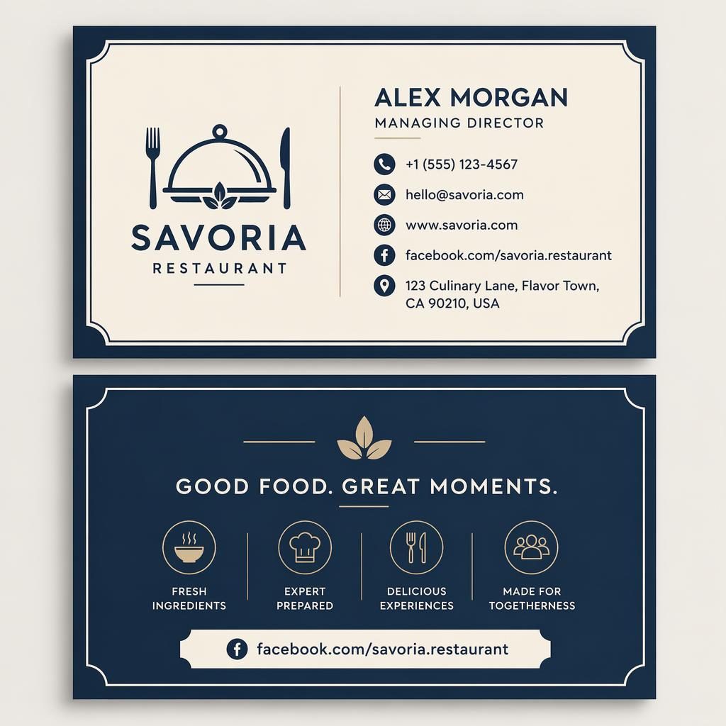 Front and back stacked business card mockup in navy and cream, Swiss style, with sharp placeholder contact details.