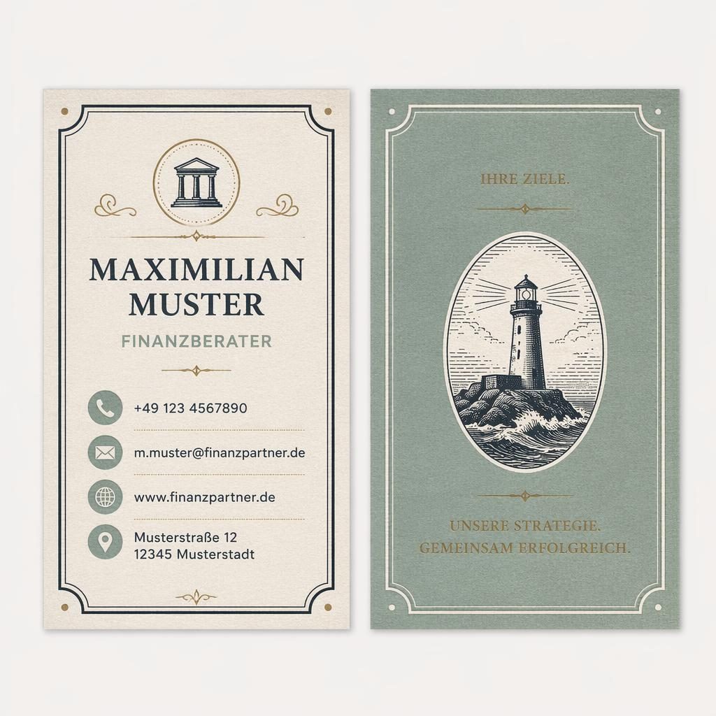 Beidseitige Business-Card-Ansicht nebeneinander, Vintage-Letterpress in Pastelltönen mit klaren Platzhaltern und lesbarer Typografie.