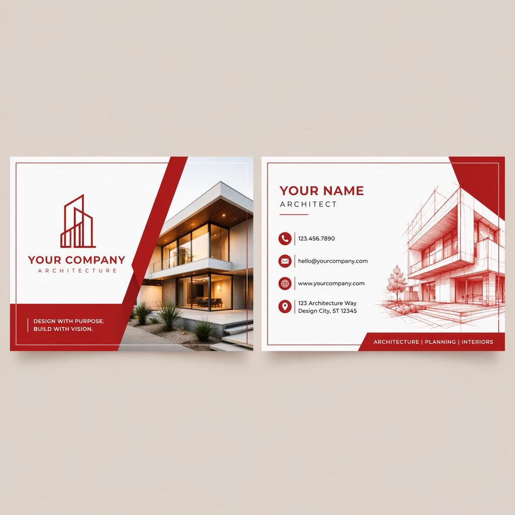 Double-sided business card template for architecture, shown side by side in red and white with clean placeholder text.