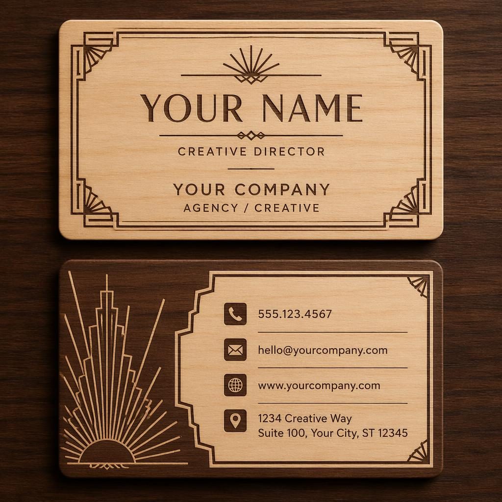 Front and back stacked render of blank wood business cards in an art deco style with warm earth tones and clean layout