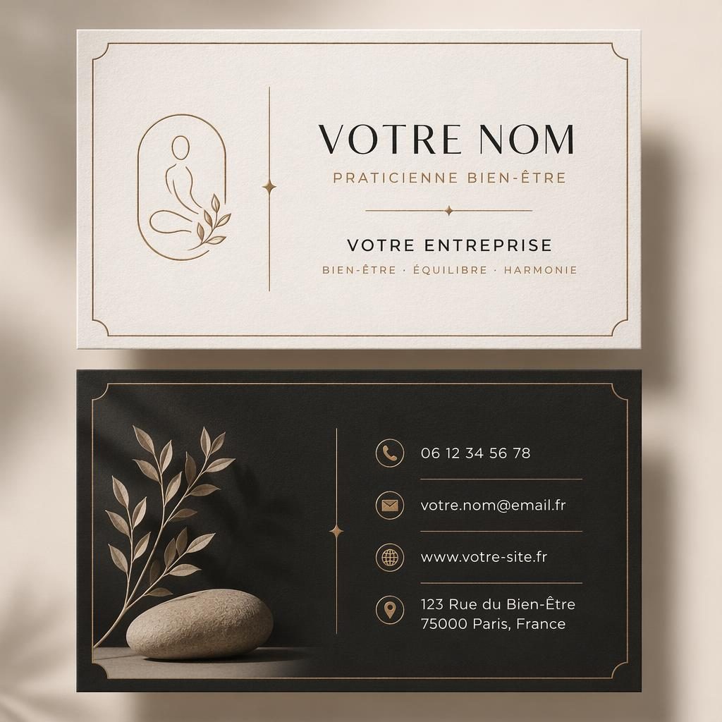 Rendu recto verso empilé d’une carte de visite luxe design bien-être, palette monochrome chaude, typographie nette.