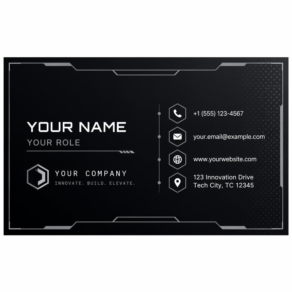 Back view of a monochrome futuristic business card in 3.5×2 inch proportions with sharp placeholder contact details.