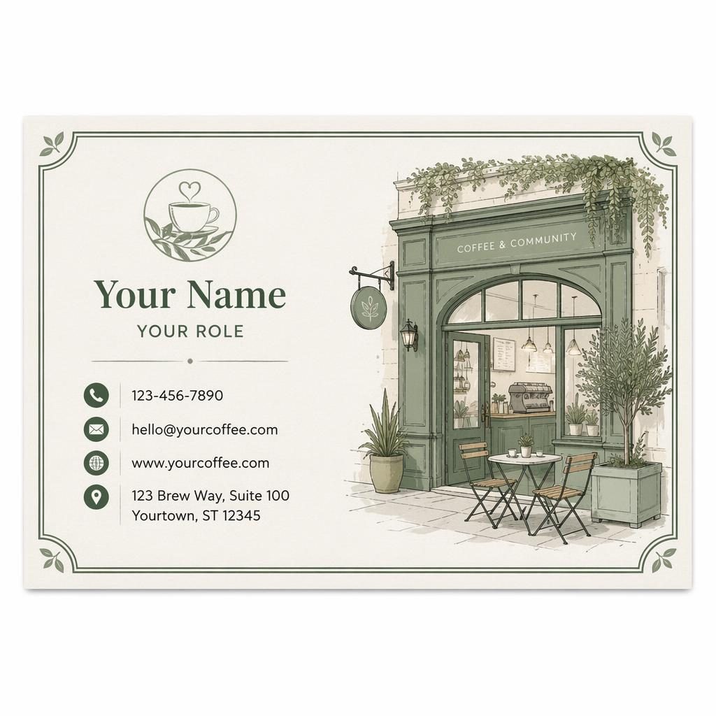Illustrated back of a coffee shop loyalty card template in sage and ivory with clean placeholder contact details.