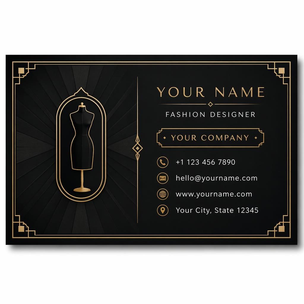Back view of a fashion designer business card in art deco dark mode with sharp placeholder contact details.