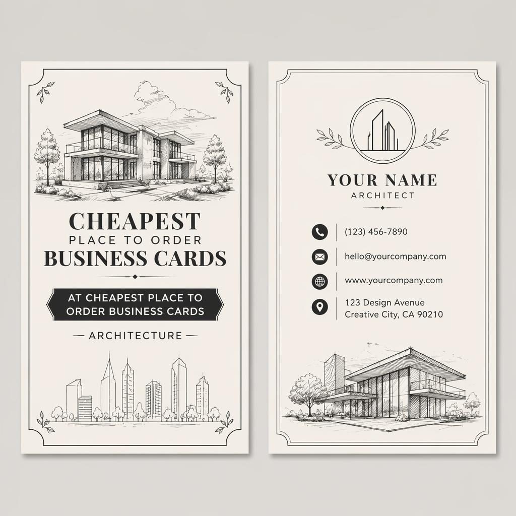 Illustrated monochrome business card mockup showing both sides side-by-side with elegant architecture branding layout