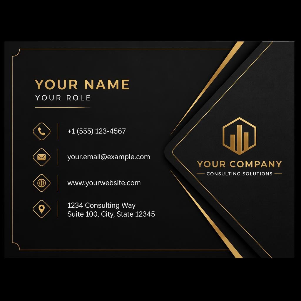 Back of a luxury black and gold consulting business card with sharp placeholder contact details and balanced spacing.