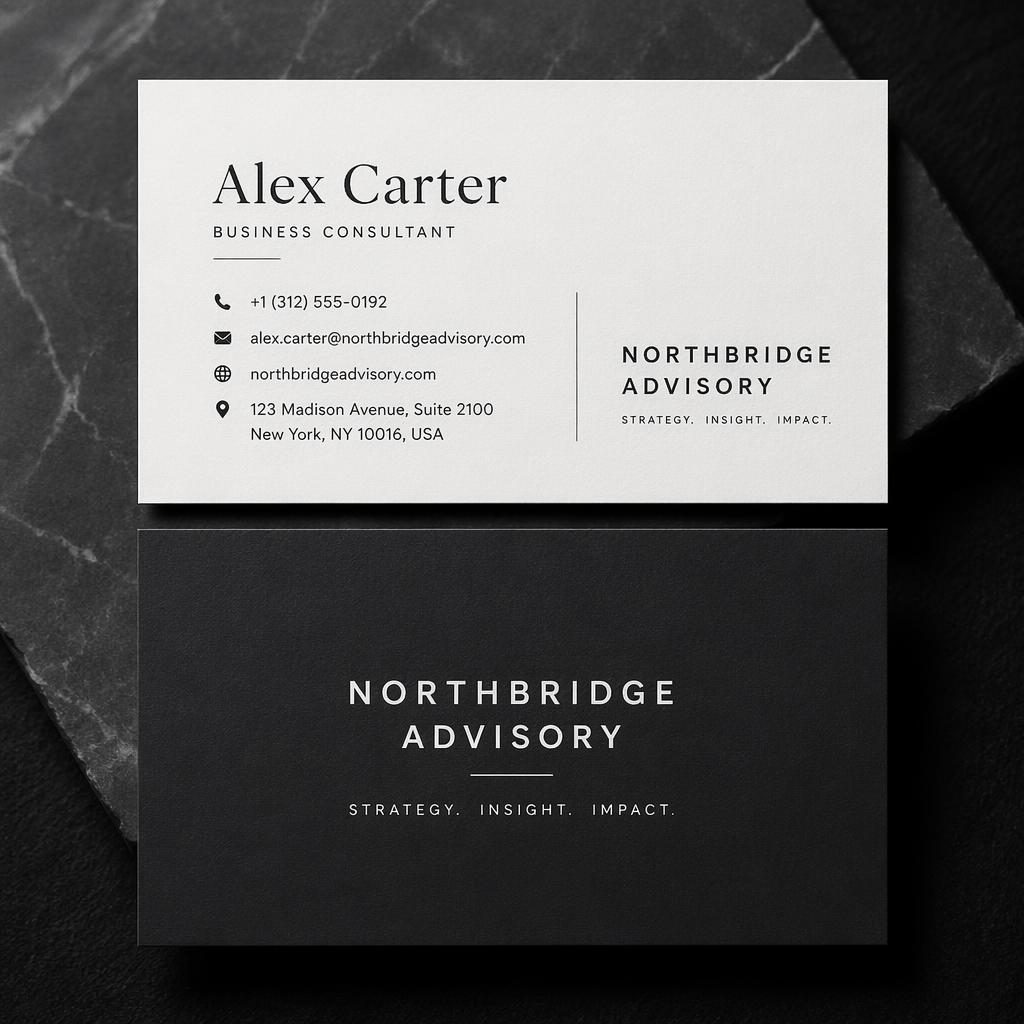 Front and back stacked business card mockup in monochrome minimalist style with placeholder text and premium paper texture.