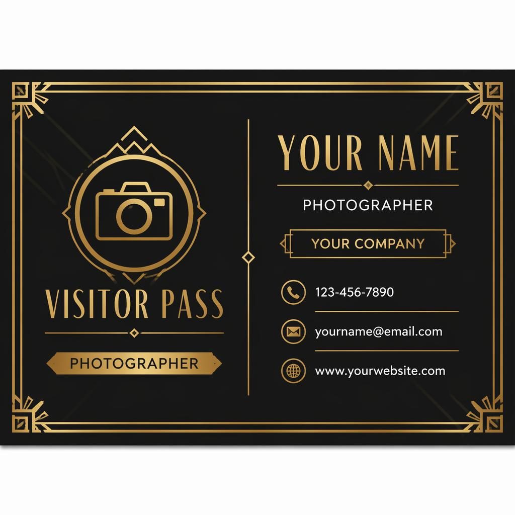 Front view of an art deco business card in black and gold with placeholder contact details and balanced layout.