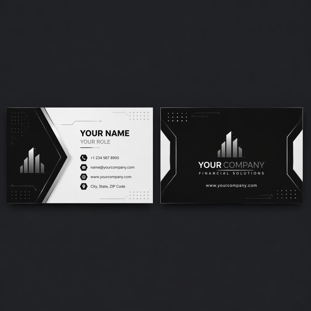 Both sides of a monochrome futuristic fintech business card shown side by side with sharp placeholder contact details.