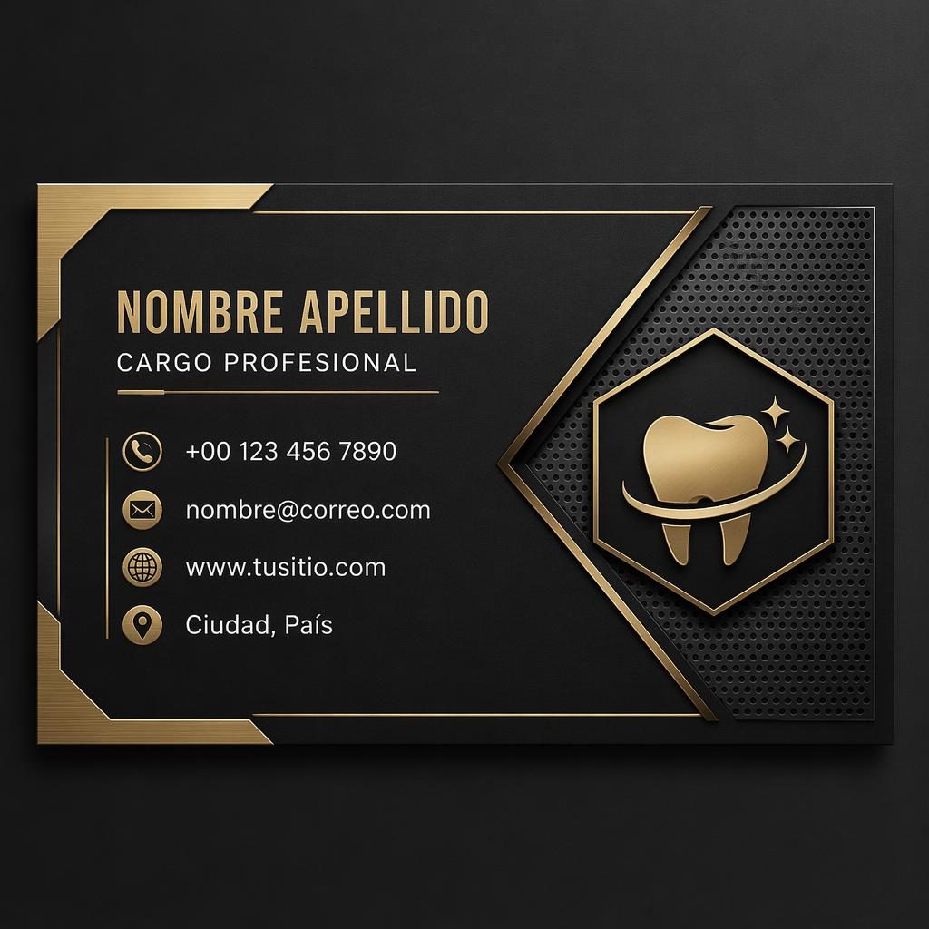 Reverso de tarjeta personal médica o dental en negro y dorado, estilo industrial, con tipografía nítida y espacios limpios.