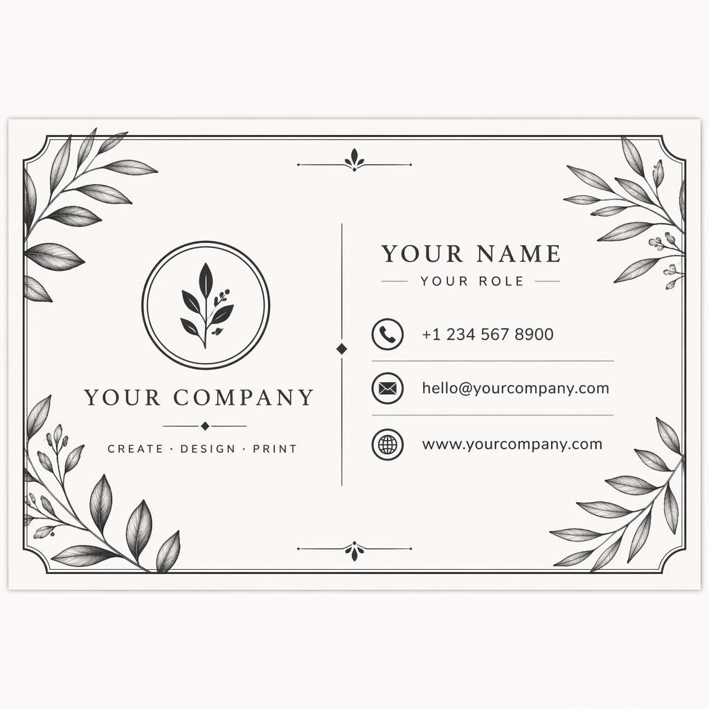 Back view of an illustrated monochrome business card with clean placeholder contact details and elegant organic layout.
