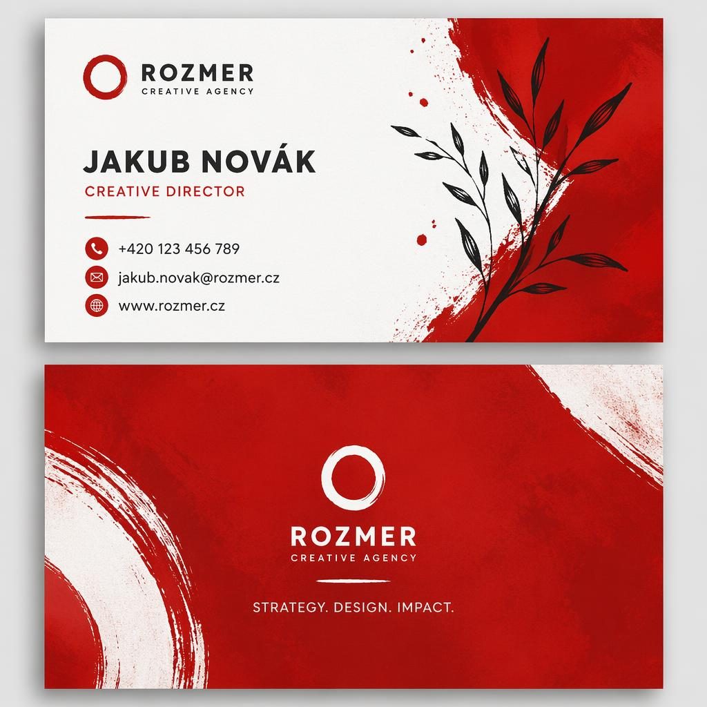 Přední a zadní strana vizitky ve vrstveném zobrazení, ilustrativní styl, červenobílá paleta a ostrá typografie.