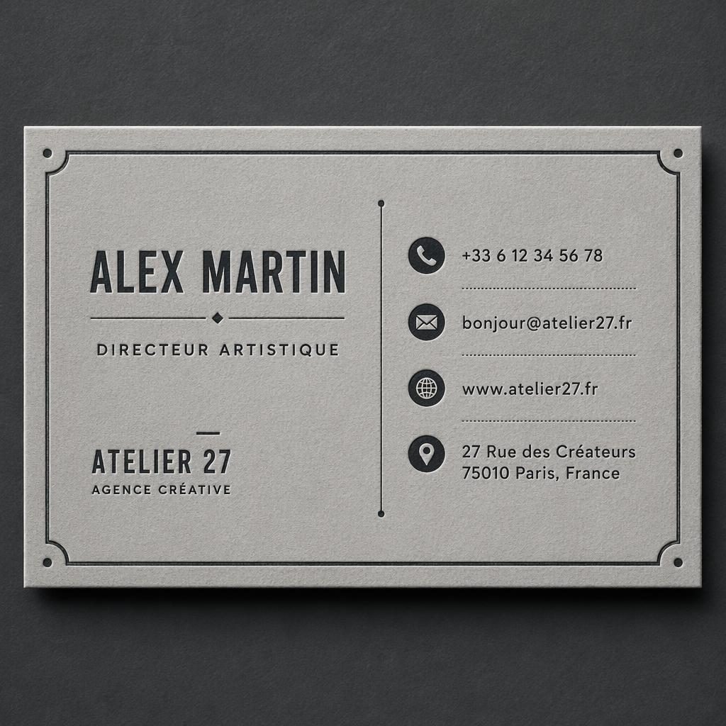 Rendu face d’une carte de visite vintage en gris industriel, typographie nette, mise en page équilibrée.