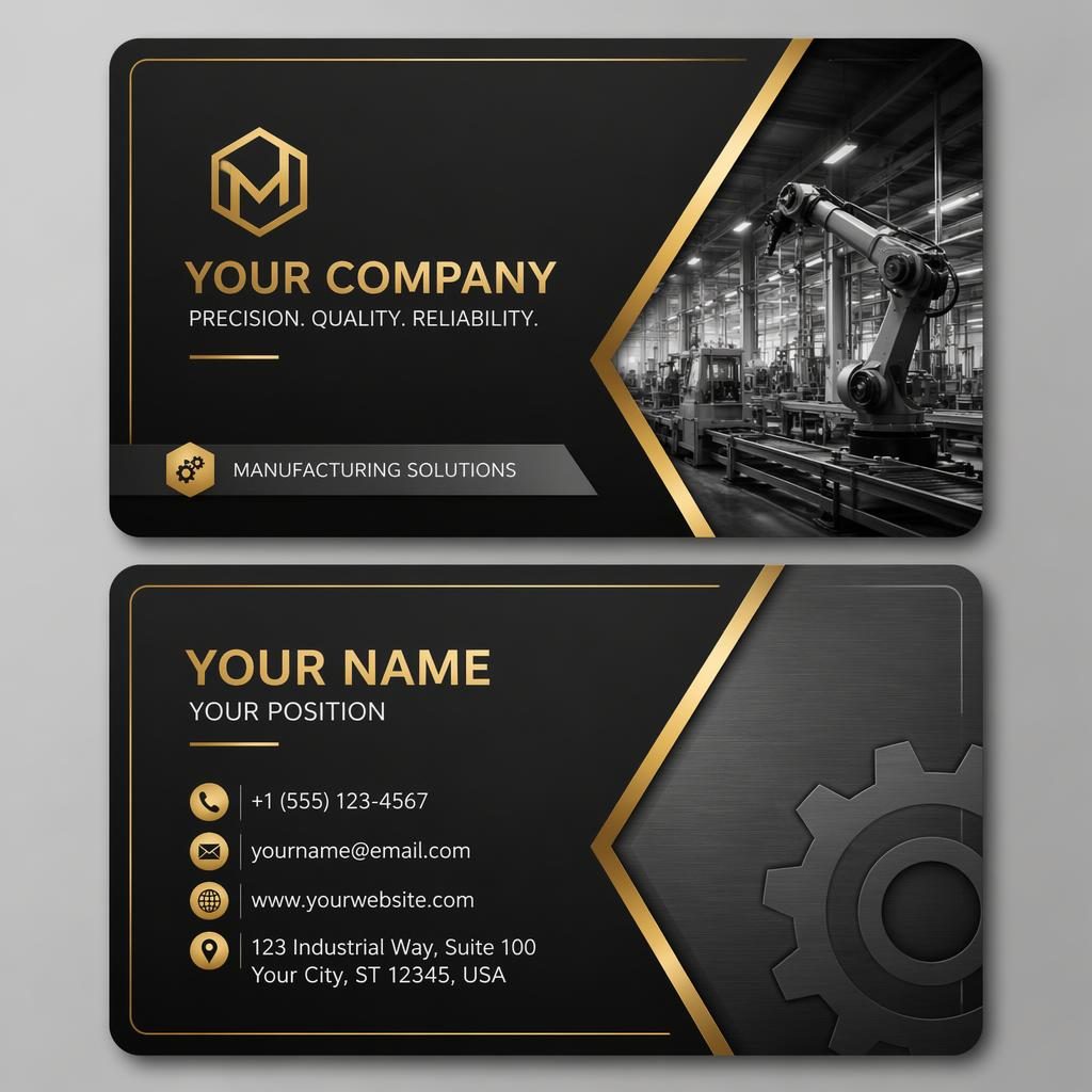 Back-side render of a luxury black and gold manufacturing business card template with industrial gray accents and clean placeholders.