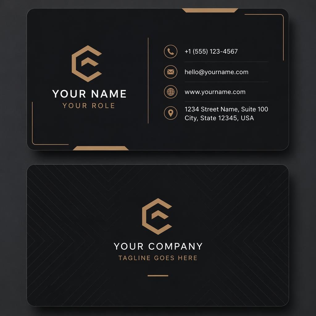 Front and back stacked business card mockup in a modern dark minimalist style with sharp placeholder contact details.
