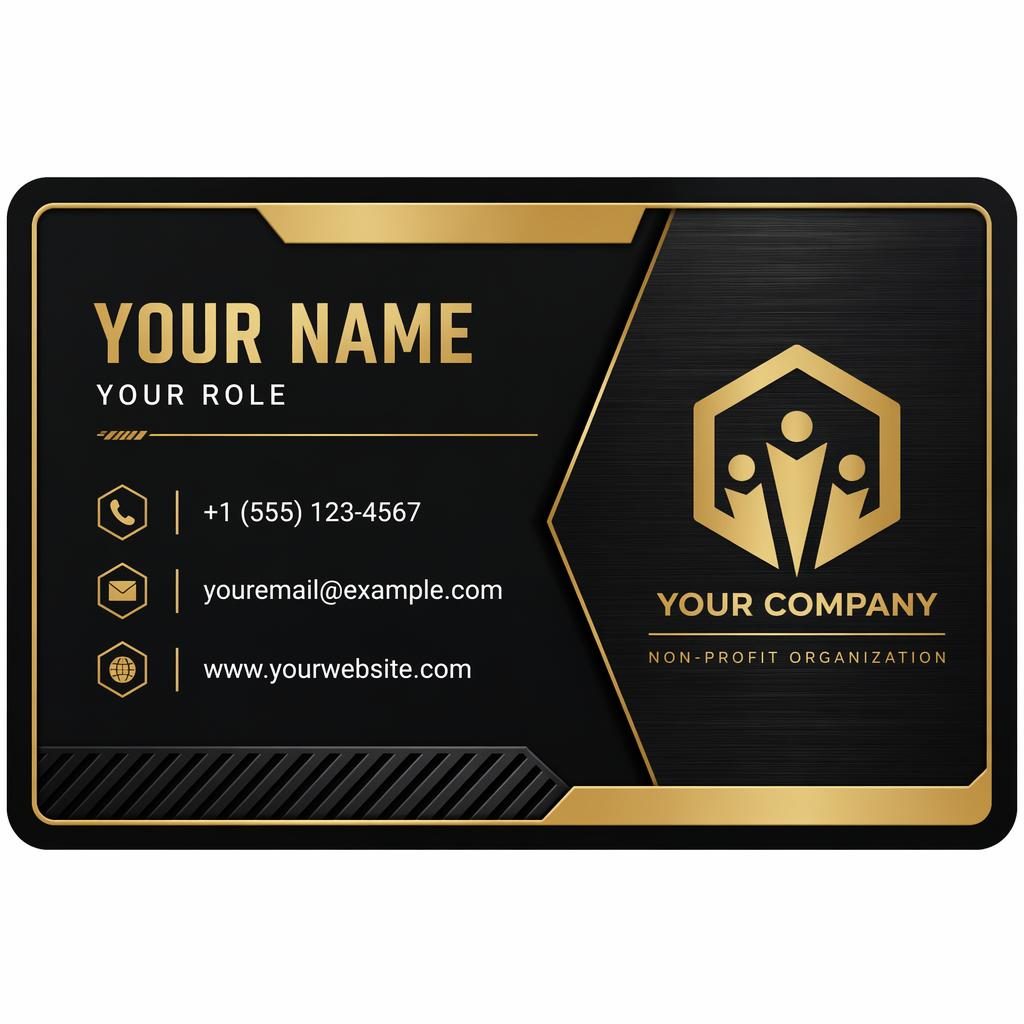 Front view of an industrial black and gold luxury business card with sharp placeholder contact details and clean layout.