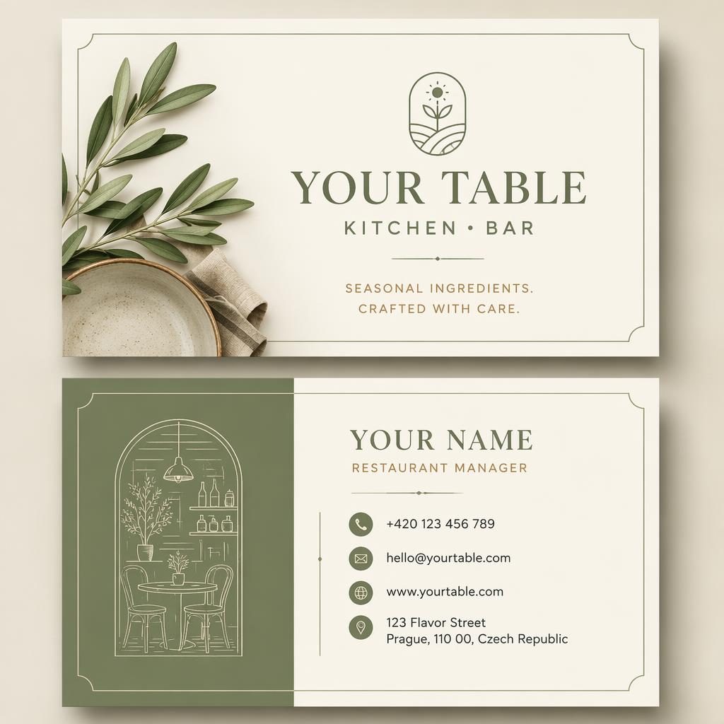 Vizualizace vizitky pro restauraci, přední a zadní strana nad sebou, šalvějová a ivory paleta, čistá typografie.