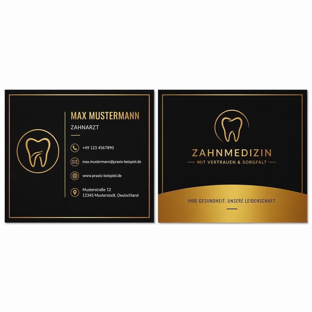 Beidseitiges Business-Card-Design im Swiss-Stil in Schwarz und Gold für Medizin oder Dental, klar und hochwertig.