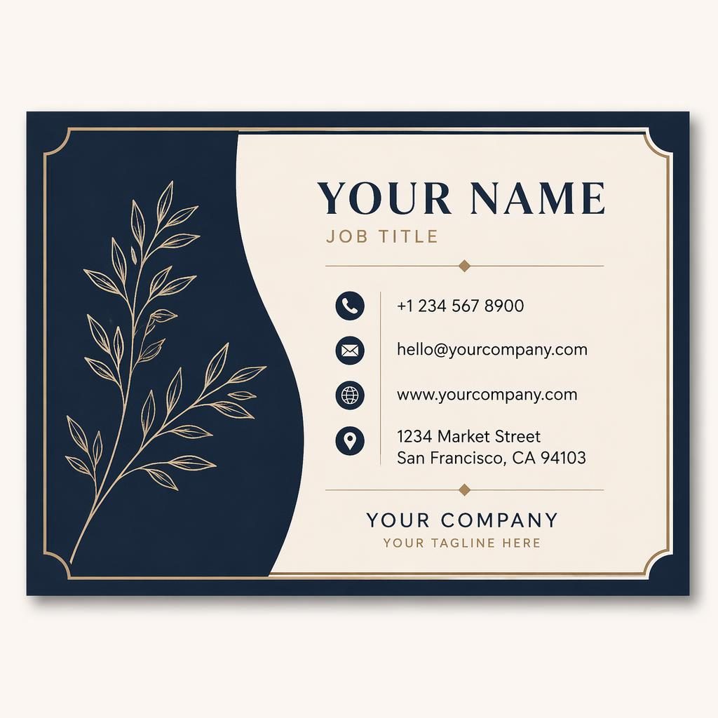Back view of a navy and cream boutique-style business card with sharp placeholder contact details and clean layout.