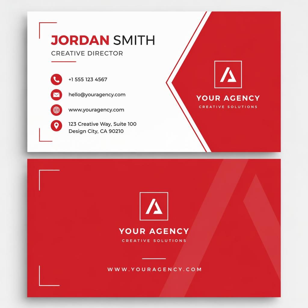 Front and back modern minimalist business cards stacked in red and white with sharp placeholder contact details.