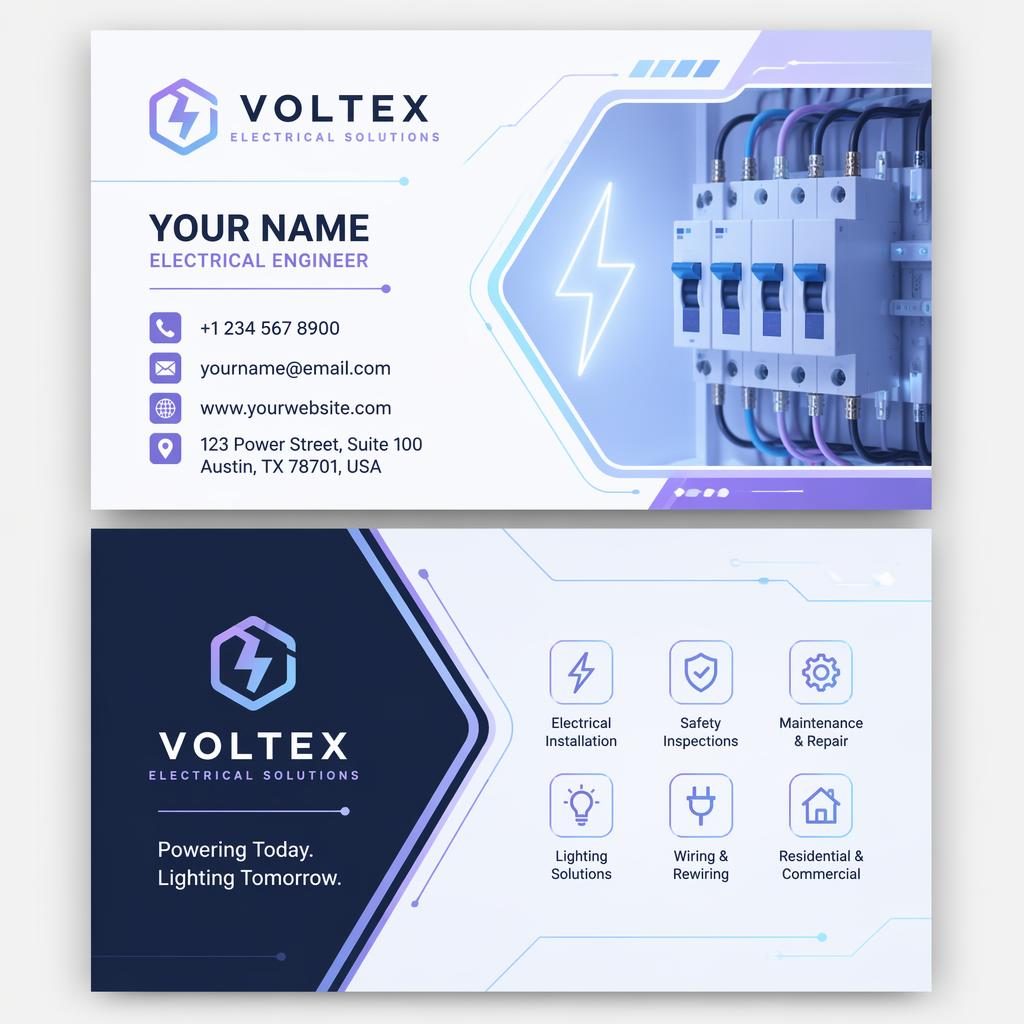 Front and back stacked business card mockup for electrical work, pastel futuristic style with sharp placeholder contact text