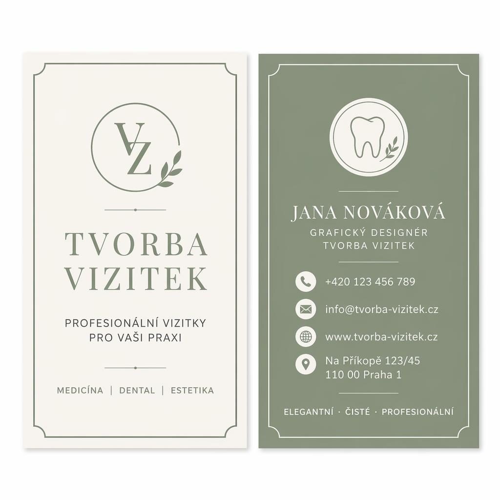Oboustranný návrh vizitky vedle sebe v šalvějové a slonovinové, s čistou typografií a čitelnými údaji.