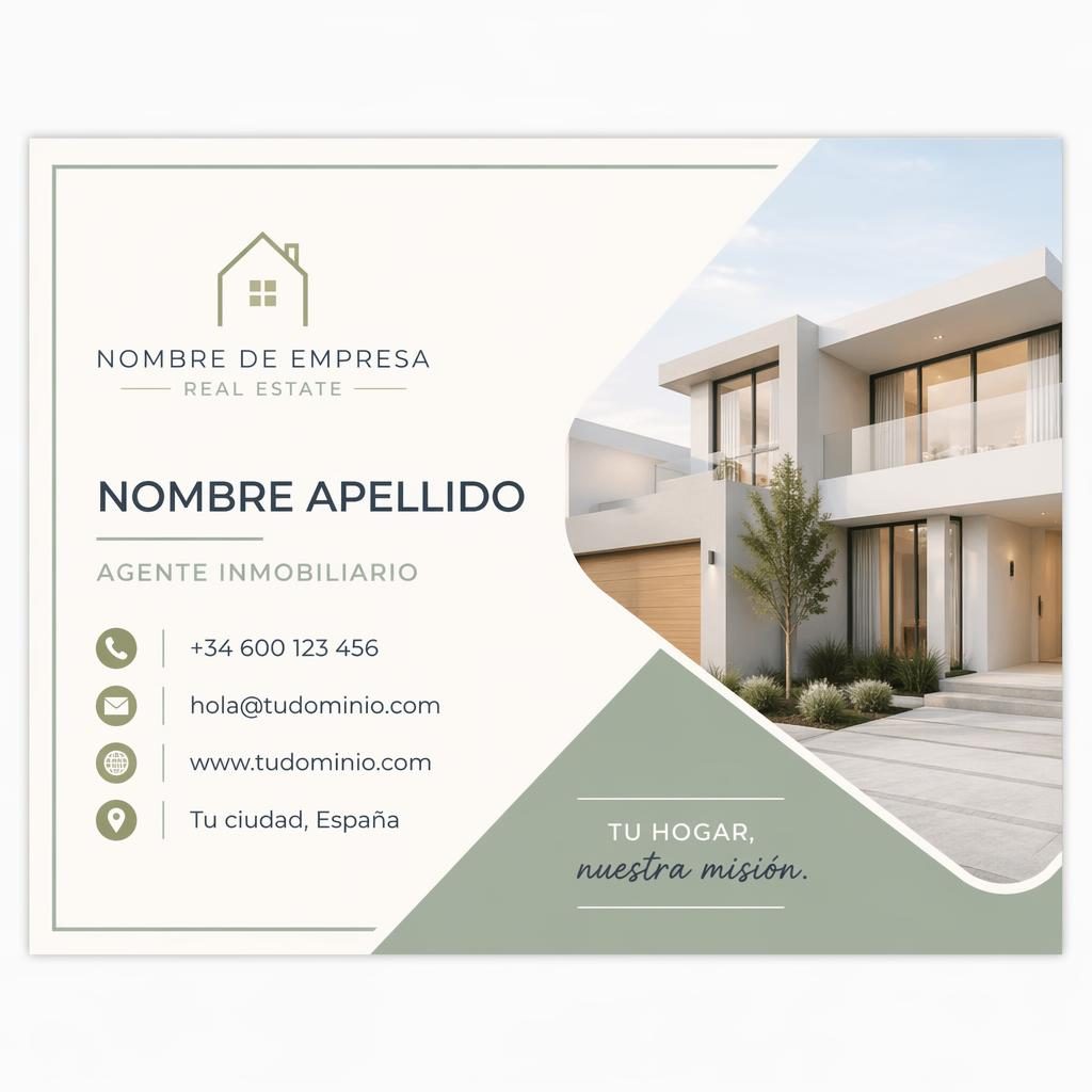 Diseño frontal de tarjeta de visita inmobiliaria minimalista en tonos pastel, con tipografía nítida y datos de contacto.
