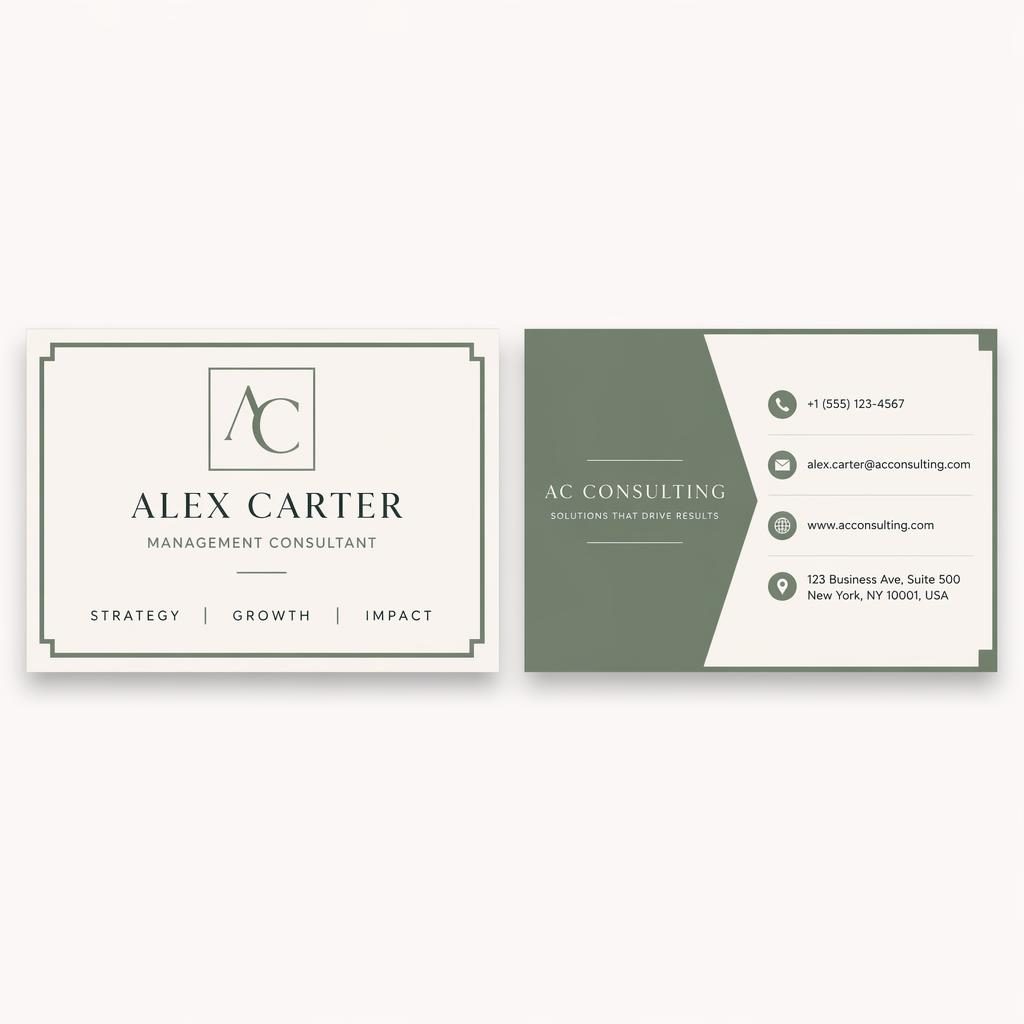 Two-sided business card mockup side by side in sage and ivory with clean typography, readable contact details, and ample space.