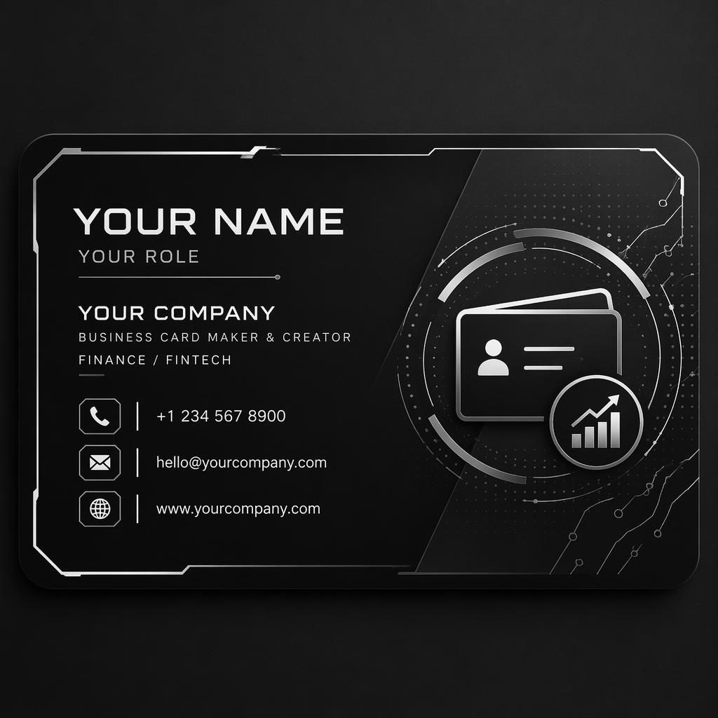 Back view of a futuristic monochrome fintech business card with sharp placeholder contact details and elegant spacing.