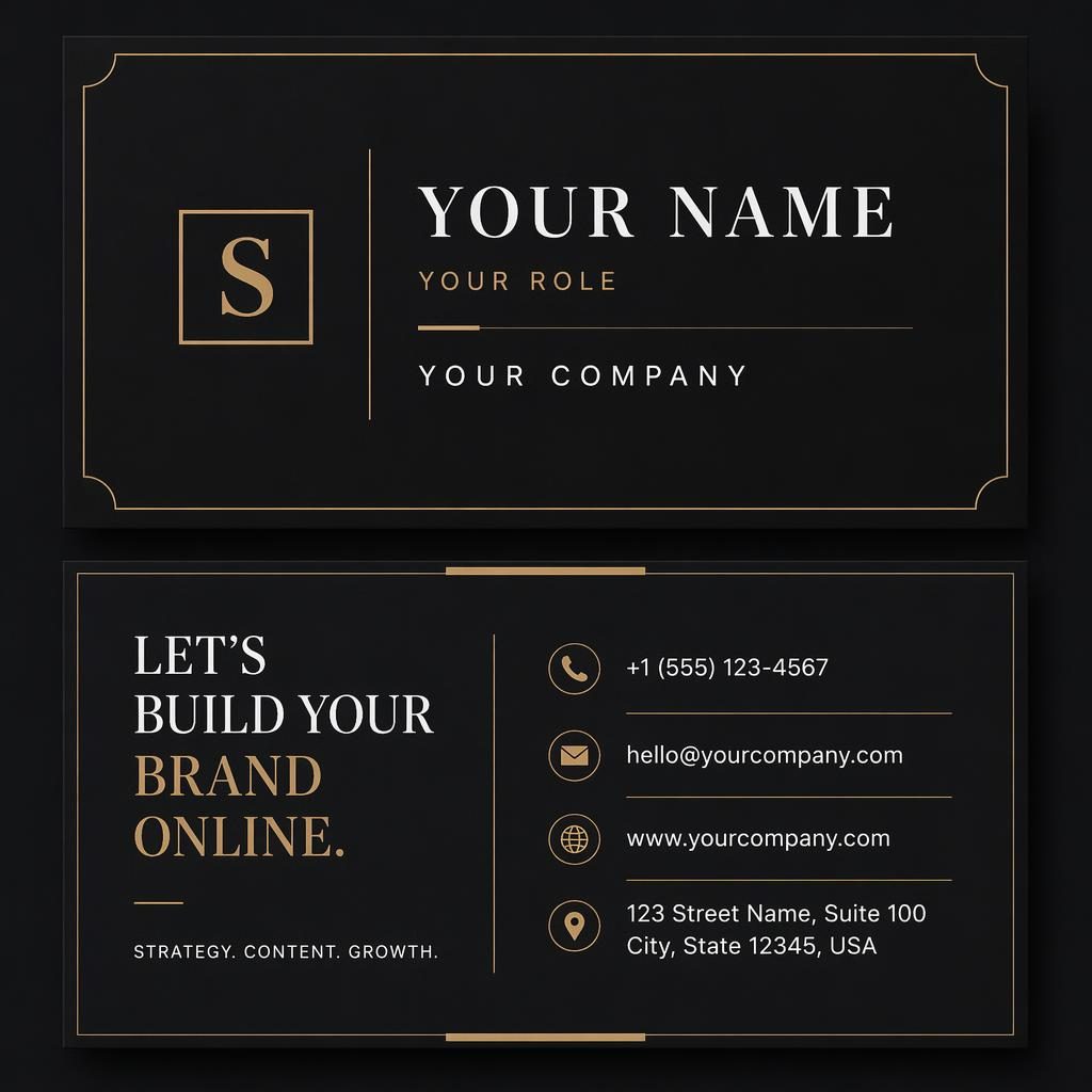 Front and back stacked business card design in dark mode with sharp placeholder typography and clean contact details.