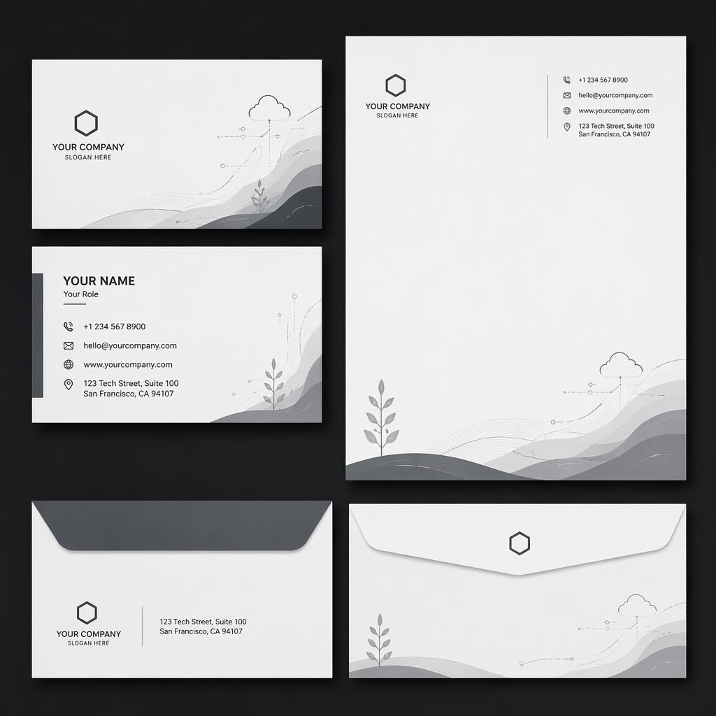 Back view of an illustrated monochrome business card design for tech SaaS branding with clean placeholder contact details.