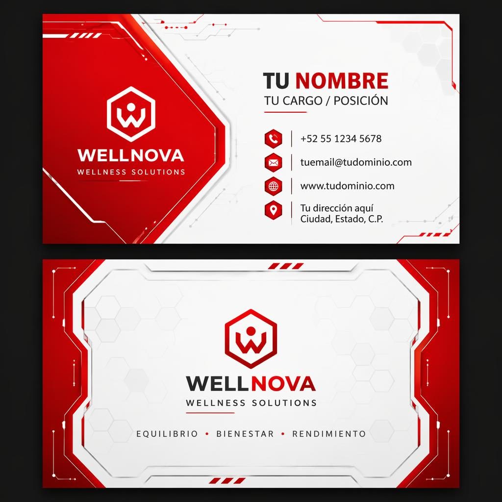 Diseño de tarjeta de presentación wellness, frente y reverso apilados, estilo futurista rojo y blanco, tipografía nítida.