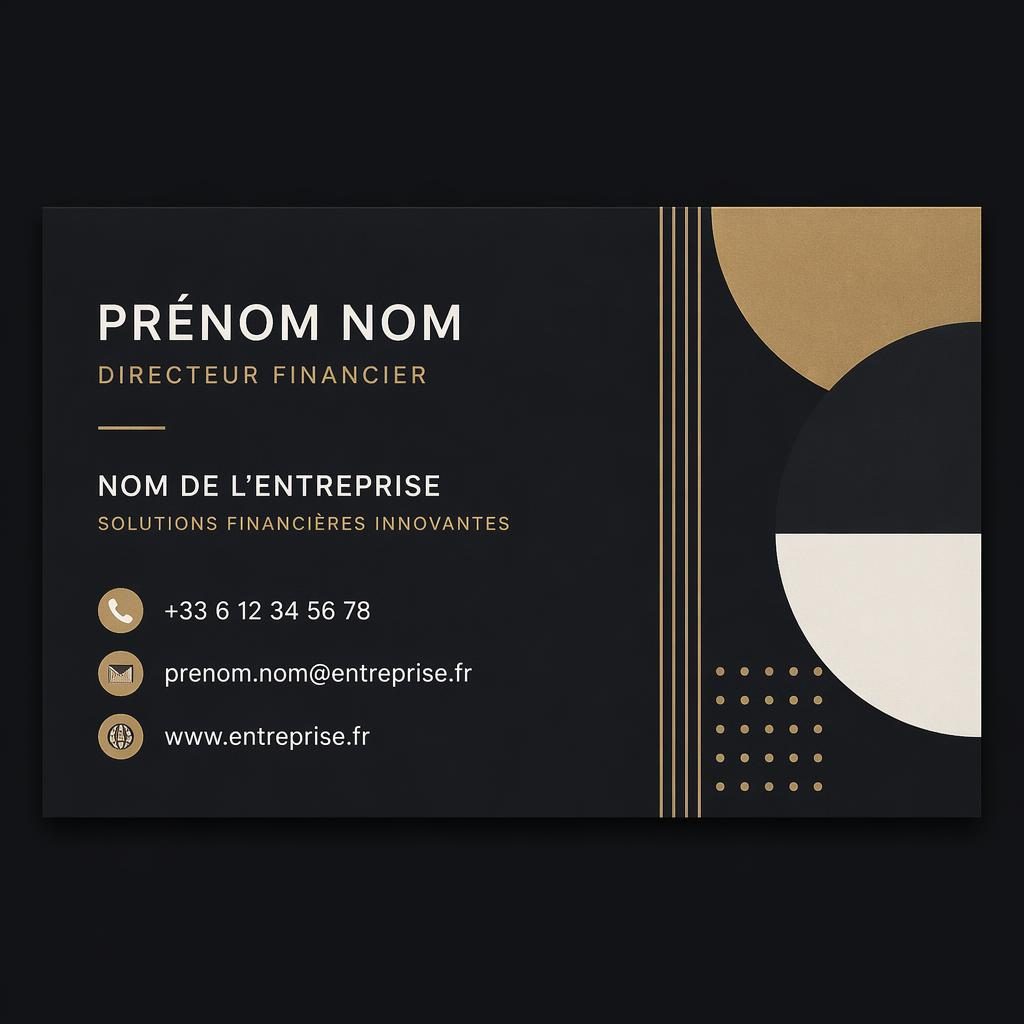 Rendu verso d’une carte professionnelle entreprise fintech, style Bauhaus sombre, typographie nette et mise en page épurée.