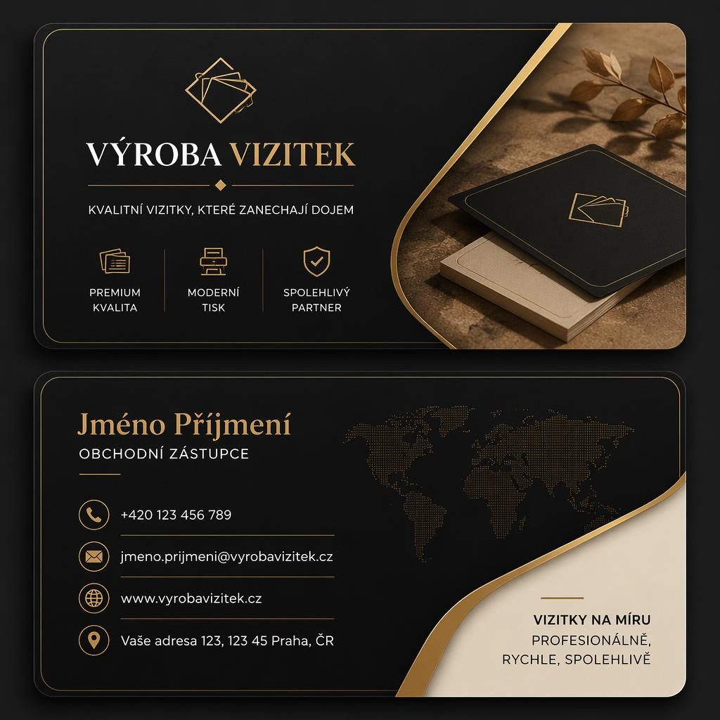 Render přední a zadní strany luxusní vizitky v černé a zlaté, naskládané na sobě, s čistou typografií.