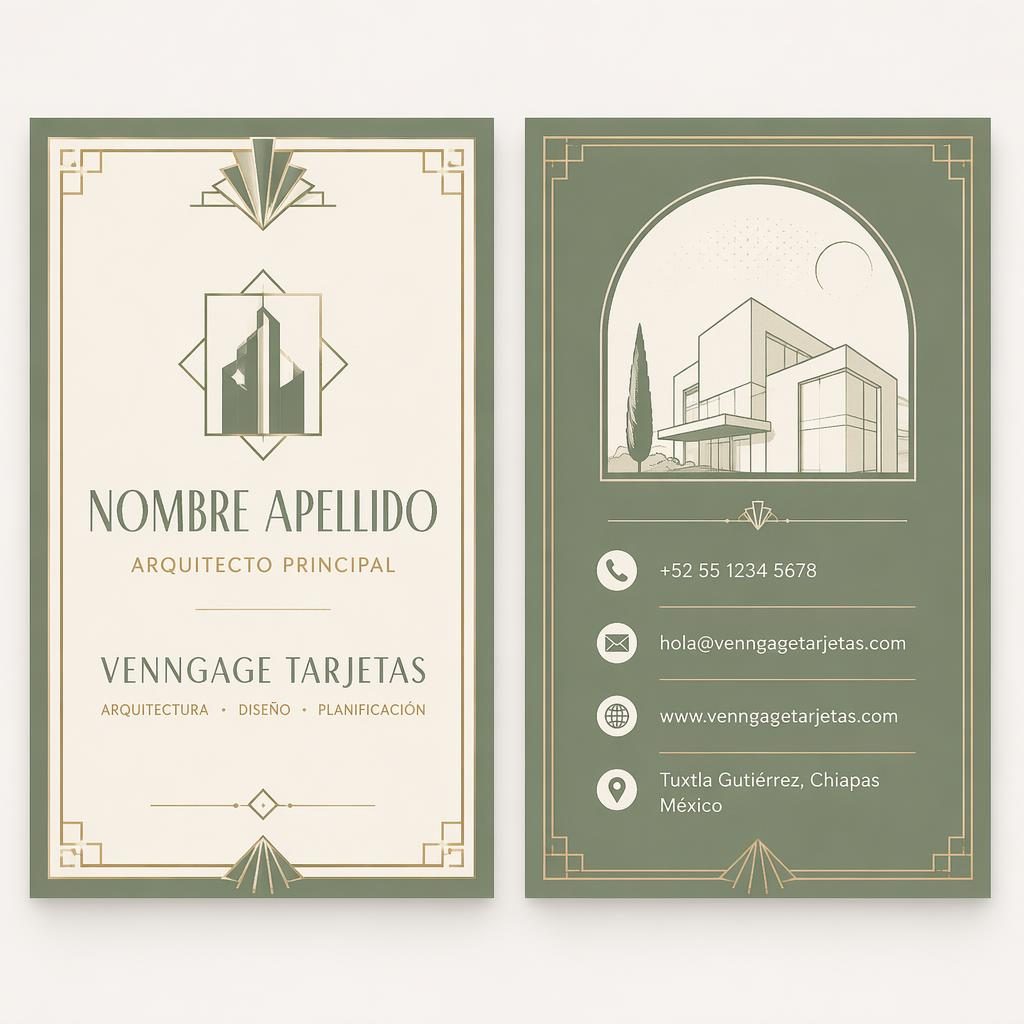 Diseño de tarjeta de visita art déco, anverso y reverso lado a lado, en verde salvia y marfil con tipografía nítida.