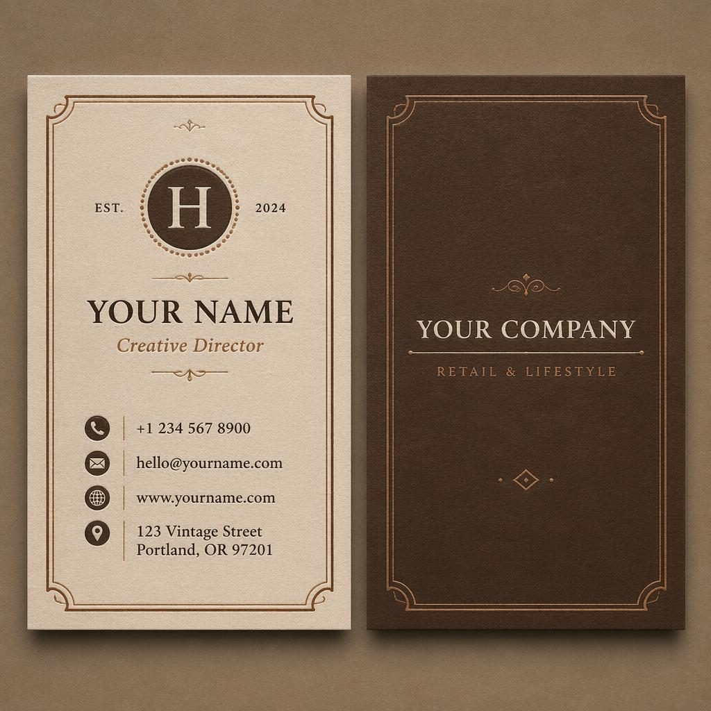 Both sides of a vintage letterpress business card sample shown side by side in a warm earth palette with clear placeholder details.