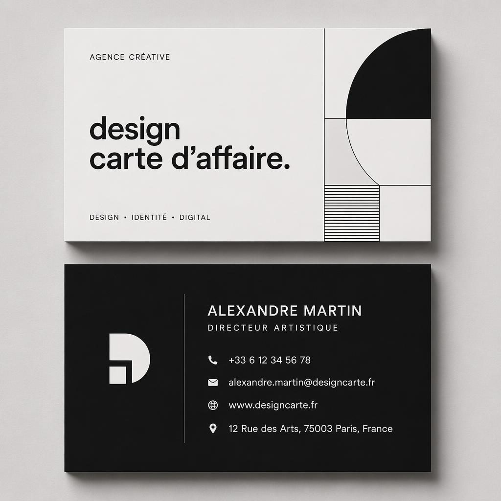 Maquette de carte de visite recto verso empilée, style suisse monochrome, typographie nette et espace négatif équilibré.