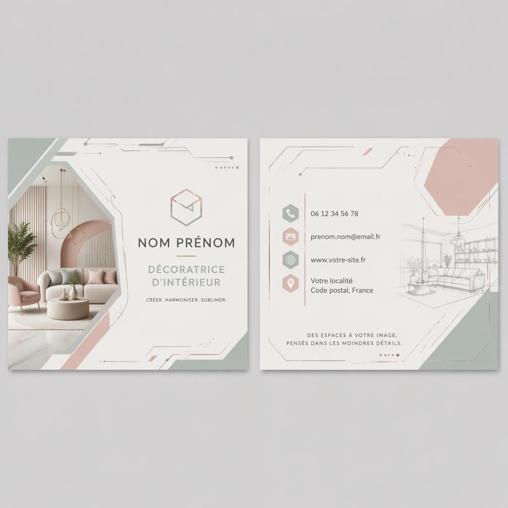 Rendu recto verso côte à côte d’une carte de visite decoratrice d intérieur, style tech futuriste pastel.