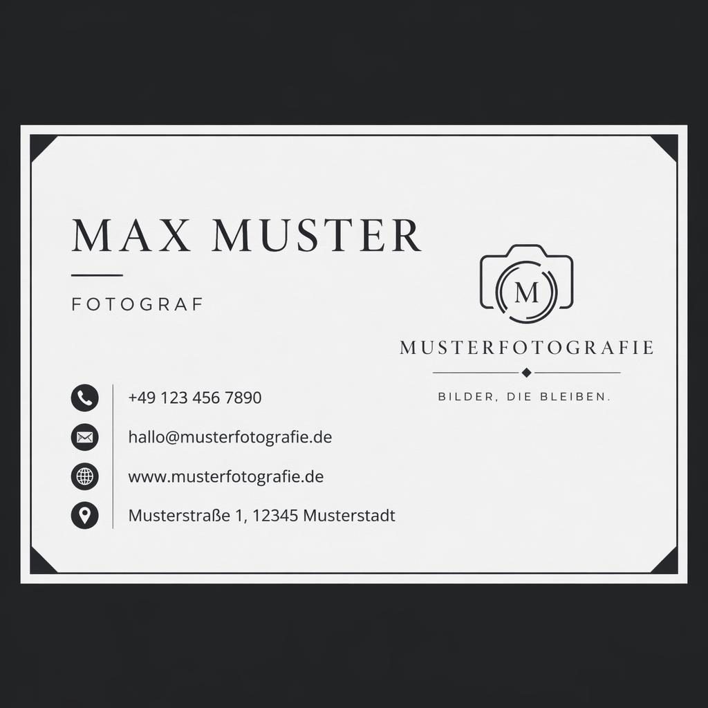 Monochromes Business-Card-Design mit klarer Typografie, Platzhaltern für Name, Rolle und Kontaktdaten im 3,5x2-Zoll-Format.